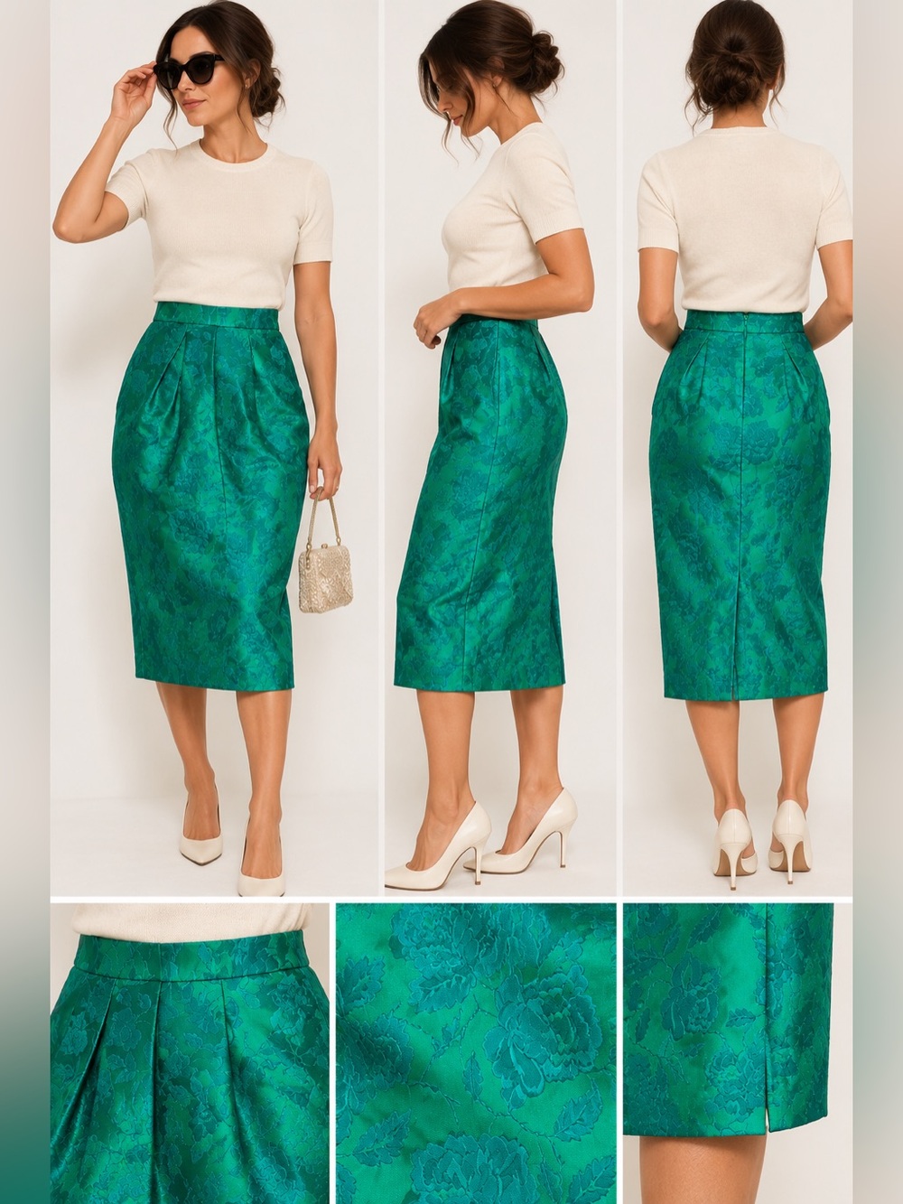 Vintage 1960s Emerald Green Floral Brocade Wiggle Pencil Skirt Modern Size XXS